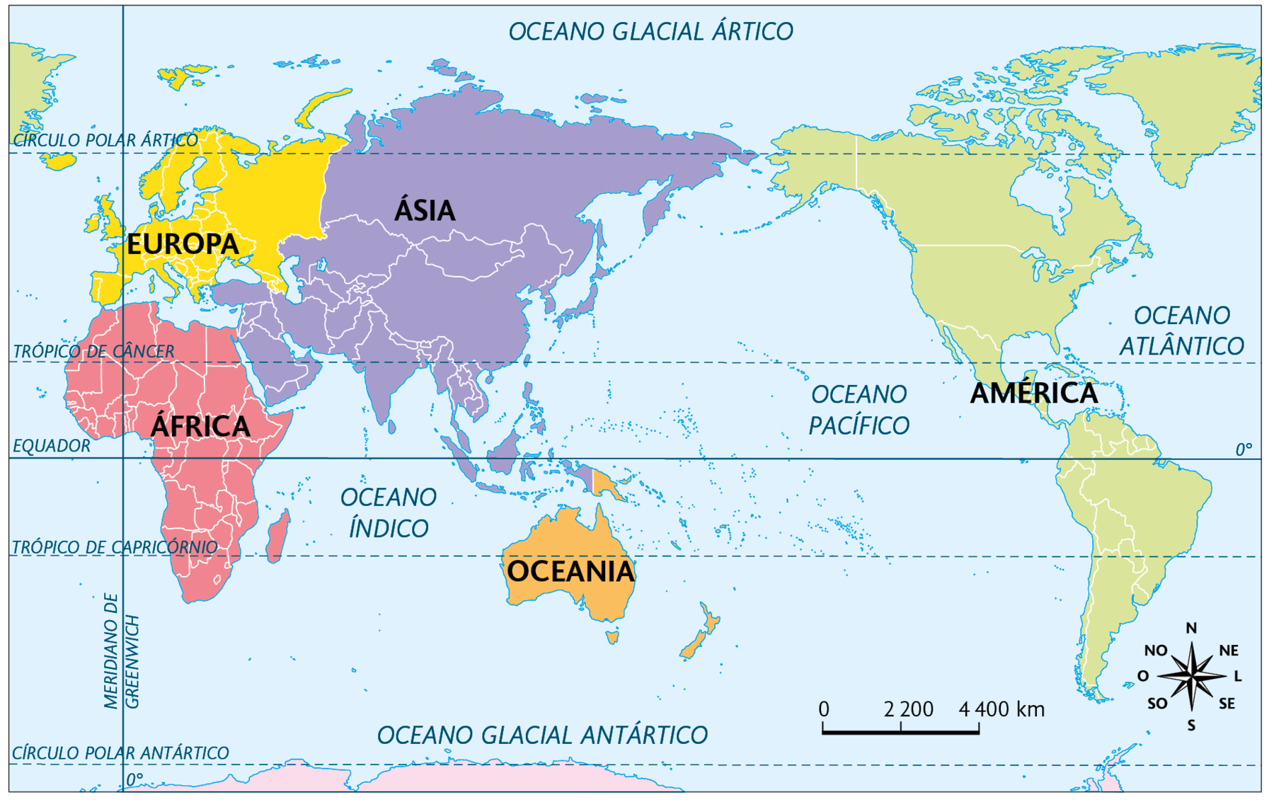 Mapa. O mundo visto a partir do oceano Pacífico. 
No oeste, a África e ao norte, a Europa. Ao centro, a Ásia e a Oceania. Na porção leste, a América. No canto inferior direito, a rosa dos ventos e ao lado, a escala: 2200 quilômetros por centímetro.