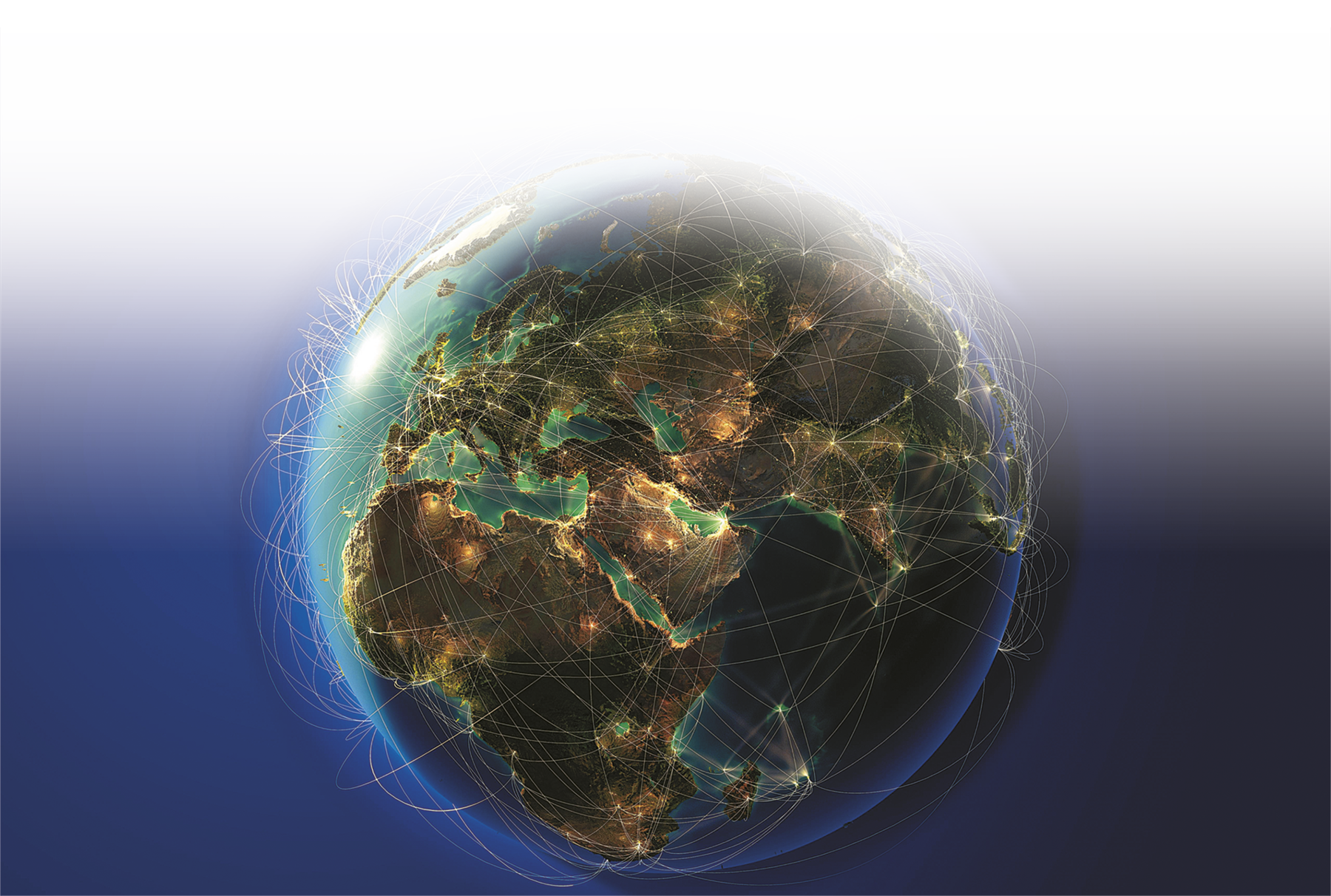 Ilustração. O planeta Terra com os continentes interligados por linhas de luz. Na superfície também há pontos luminosos nas cidades.