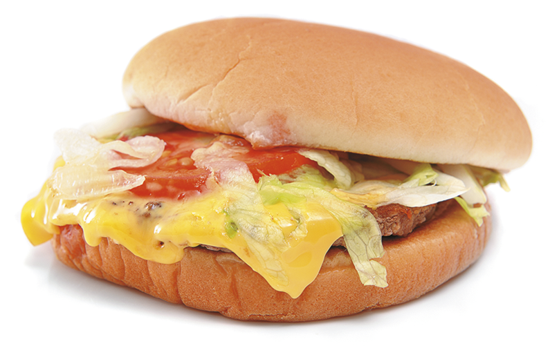 Fotografia. Um hambúrguer caído, com tiras finas de alface sobre tomate e queijo.
