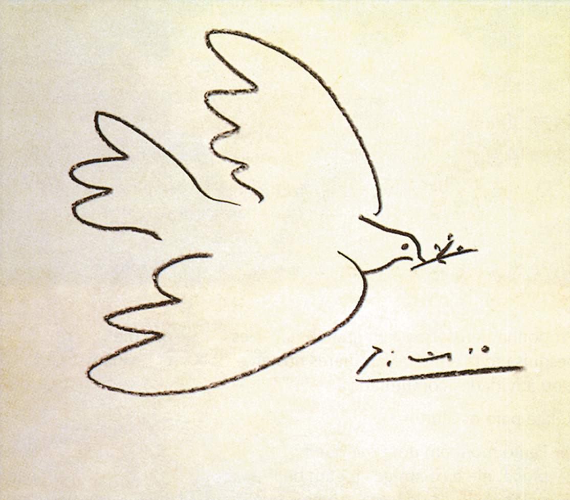 Ilustração. Página amarela com o desenho de uma pomba carregando um pequeno ramo de folhas. Há uma assinatura abaixo dela.