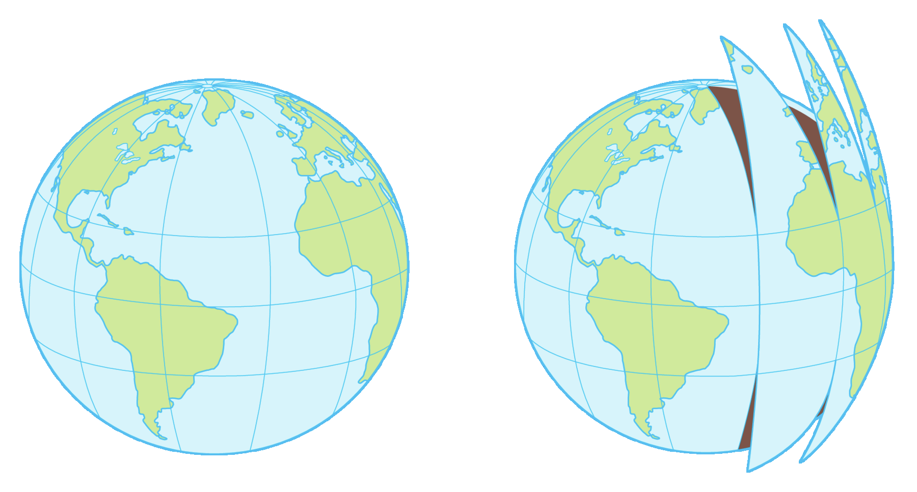 Ilustração. À esquerda, globo terrestre. À direita, o mesmo globo em camadas com os oceanos e continentes, sendo descoladas.