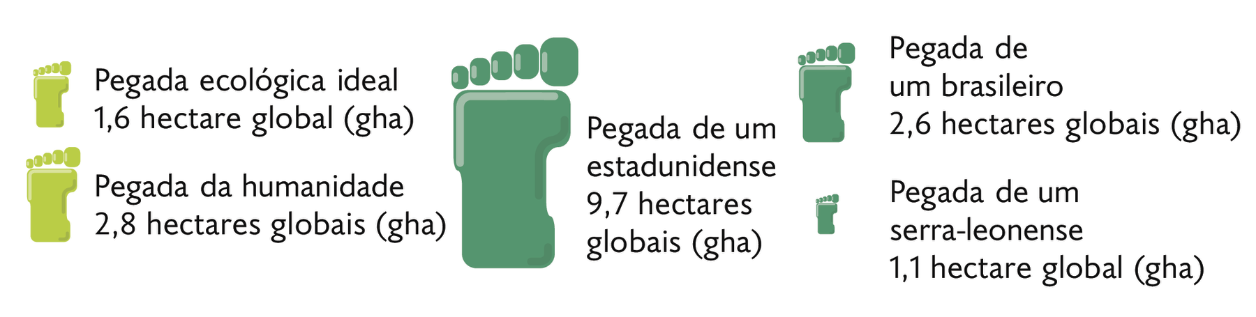 Ilustração. Pegada pequena verde-claro. Pegada ecológica ideal 1,6 hectare global (gha). Ilustração. Pegada média verde-claro. Pegada da humanidade 2,8 hectares globais (gha). Ilustração. Pegada grande verde-escuro. Pegada de um estadunidense 9,7 hectares globais (gha). Ilustração. Pegada média verde-escuro. Pegada de um brasileiro 2,6 hectares globais (gha). Ilustração. Pegada pequena verde-escuro. Pegada de um serra-leonense 1,1 hectare global (gha).