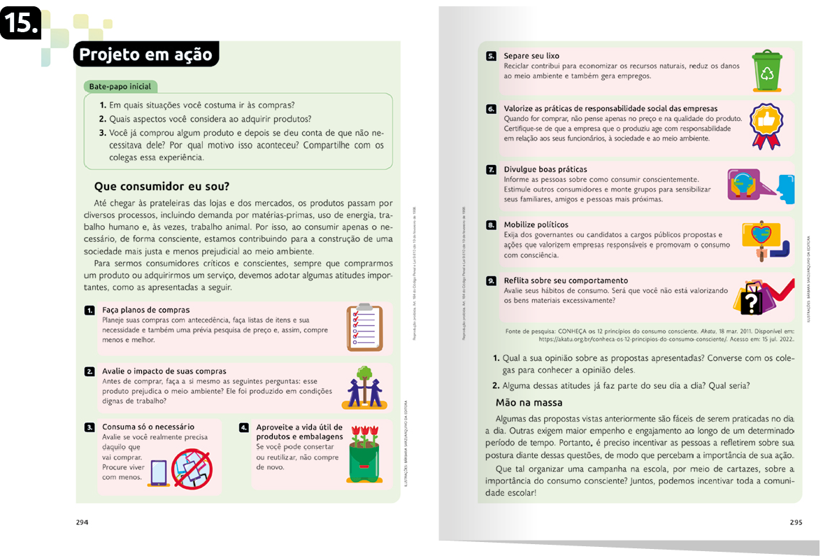 Página de referência 15 da seção Projeto em ação com texto, ilustrações e questões.