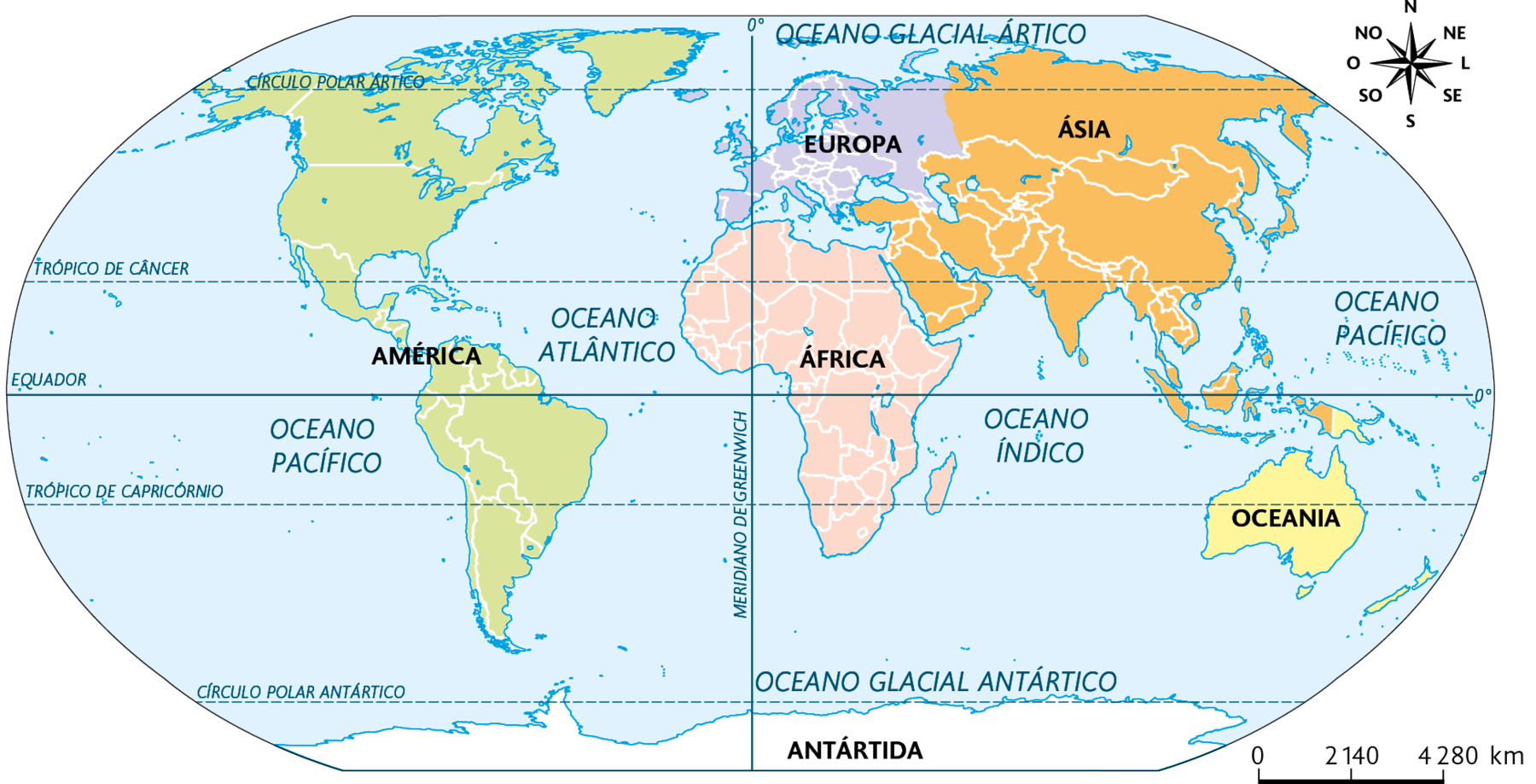 Mapa. Continentes e oceanos da Terra. 
Na porção oeste, a América, ao centro, a África, ao norte, a Europa, No nordeste, a Ásia, no sudeste, a Oceania e na porção sul, a Antártida. No canto superior direito, a rosa dos ventos e na parte inferior, a escala: 2140 quilômetros por centímetro.