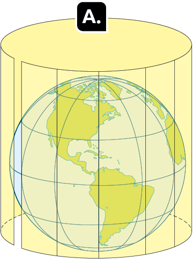 Esquema A. Globo terrestre com uma folha retangular ao redor dele em formato cilíndrico.