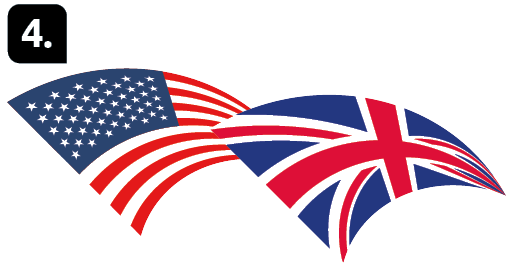 Número 4. Ilustração da bandeira dos Estados Unidos e Reino Unido com a indicação: Motor, Estados Unidos e Reino Unido.