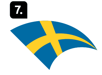 Número 7. Ilustração da bandeira da Suécia com a indicação: Porta de acesso de cargas, Suécia.