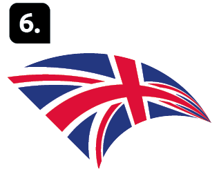 Número 6. Ilustração da bandeira do Reino Unido com a indicação: Trem de aterrissagem, Reino Unido.