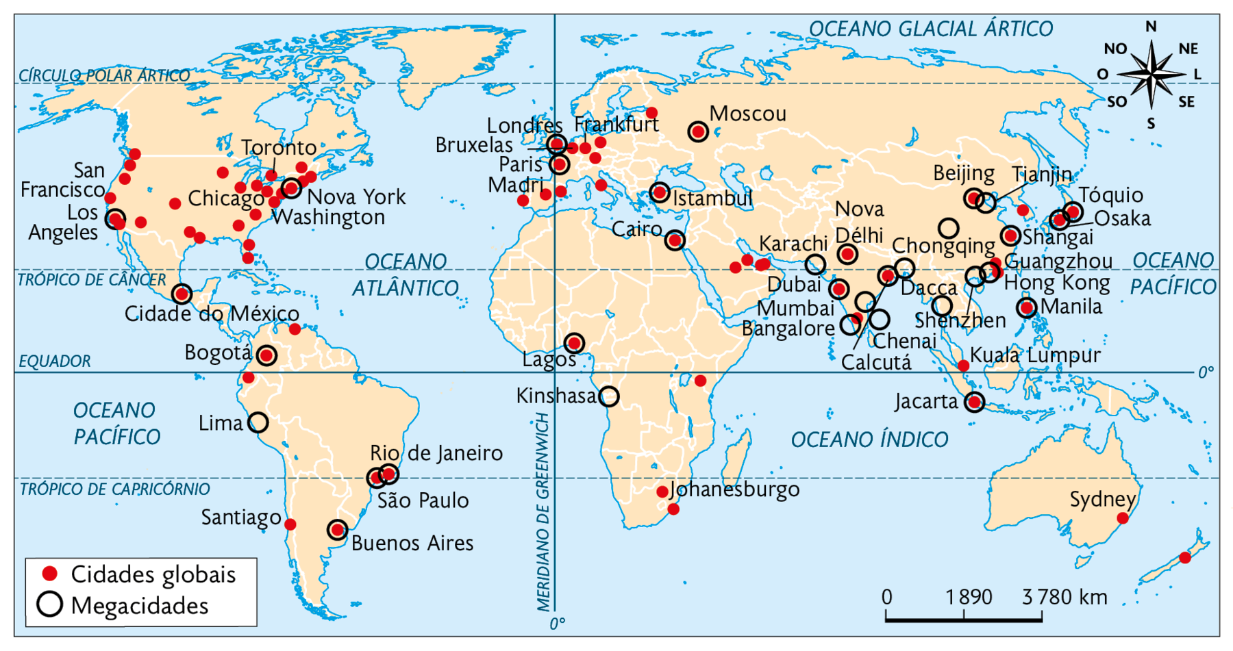 Mapa. Principais cidades globais e megacidades (2021). 
Cidades globais: Nova York, San Francisco, Toronto, Chicago, Washington e outras no oeste, sul e leste da América do Norte, Cidade do México, Bogotá, Rio de Janeiro, São Paulo, Buenos Aires, Santiago e outras duas na América do Sul; Frankfurt, Londres, Bruxelas, Paris, Madri e outras na Europa; Cairo, Lagos, Johanesburgo e outras duas na África; Istambul, Moscou, Karachi, Nova Délhi, Mumbai, Calcutá, Kuala Lumpur, Jacarta, Manila, Hong Kong, Guangzhou, Shangai, Osaka, Tóquio, Tianjin, Beijing na Ásia e Sydney e outra cidade na Oceania. 
Megacidades: Los Angeles, Nova York, Cidade do México, Bogotá, Lima, Rio de Janeiro, São Paulo, Buenos Aires, Londres, Paris, Lagos, Kinshasa, Cairo, Moscou, Istambul, Dubai, Nova Délhi, Mumbai, Bangalore, Chenai, Shenzhen, Dacca, Chogqing, Beijing, Tóquio, Osaka, Shangai, Manila e Jacarta. No canto superior direito, a rosa dos ventos. Na parte inferior, a escala: 1890 quilômetros por centímetro.