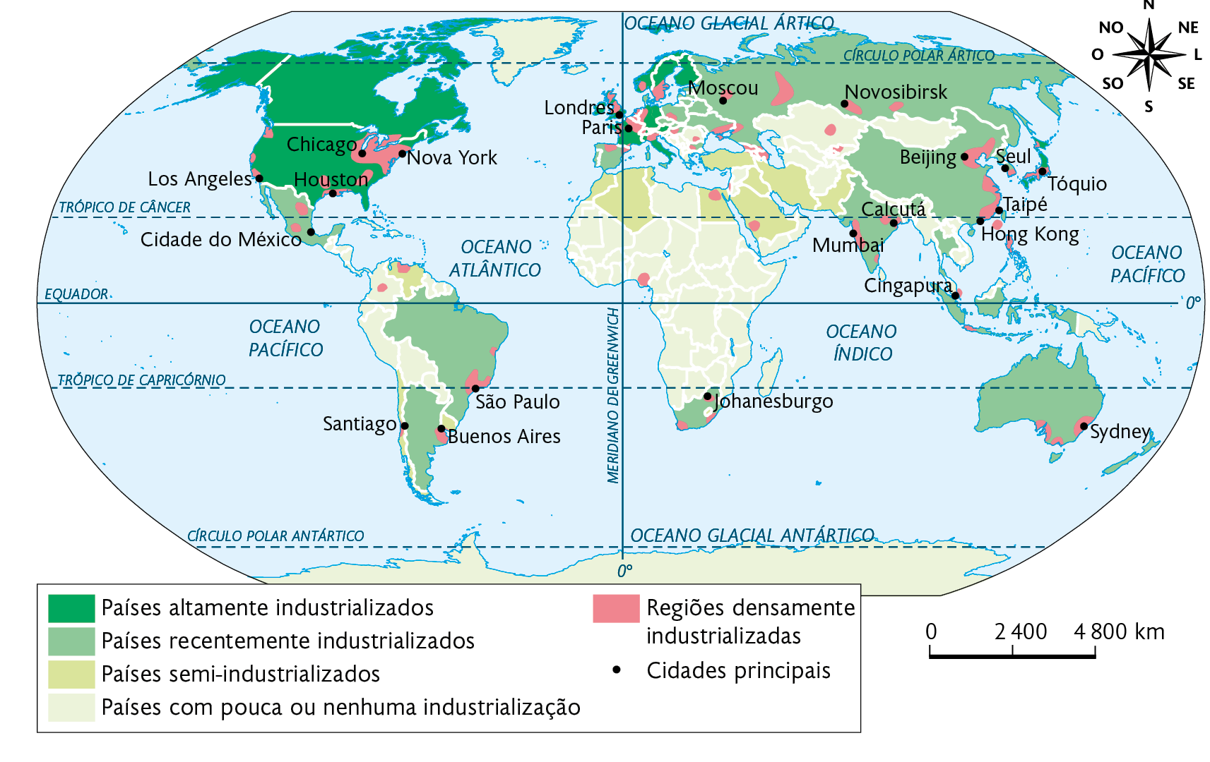 Mapa. Regiões industriais do mundo (2019). Países altamente industrializados: norte da América do Norte; norte e centro da Europa; e Japão. Países recentemente industrializados: México, Argentina e Brasil; sudoeste e leste da Europa; norte e sul da Ásia;  África do Sul, Austrália e Nova Zelândia. Países semi-industrializados: norte e sul da América do Sul; países no norte da África e no sudoeste da Ásia. Países com pouca ou nenhuma industrialização: América Central, países no norte e oeste da América do Sul, restante da África, países no sul da Europa e da Ásia. Regiões densamente industrializadas: Chicago, Nova York, Houston, Los Angeles, outras áreas dos Estados Unidos e México, São Paulo, Buenos Aires, Santiago, pequenas áreas na América do Sul, Londres, Paris, Moscou, grandes áreas nos países da Europa, Moscou, Novosibirsk, Beijing, Seul, Tóquio, Taipé, Hong Kong, Calcutá, Mumbai, Cingapura e demais áreas na Ásia; duas pequenas áreas na África, Sydney e outra área no sul da Austrália. No canto superior direito, a rosa dos ventos. Na parte inferior, a escala: 2400 quilômetros por centímetro.