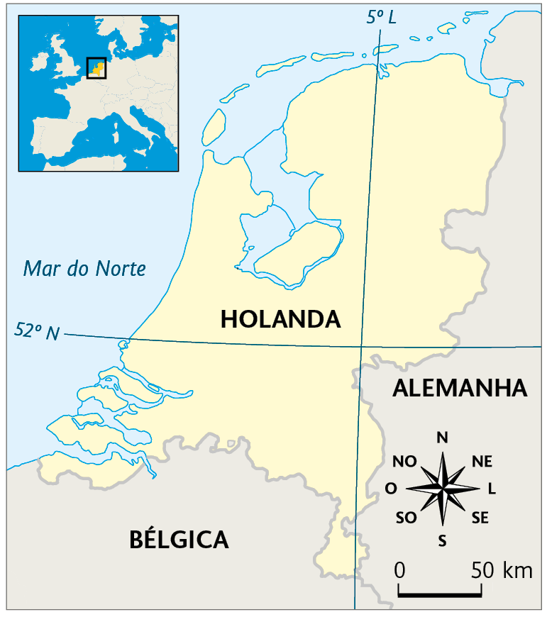 Mapa. Holanda. Destaque para Holanda fazendo fronteira com a Alemanha e a Bélgica. A costa oeste é banhada pelo Mar do Norte. No canto superior esquerdo, mapa de localização destacando a região descrita. No canto inferior direito, a rosa dos ventos e a escala: 50 quilômetros por centímetro.