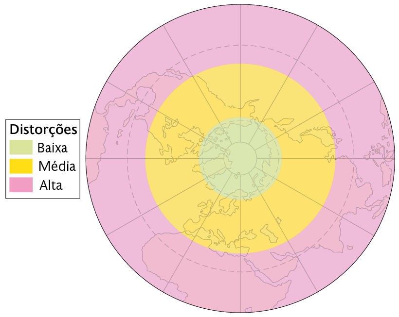 Esquema B. Mapa circular dividido em círculos que indicam: Distorções. Baixa: ao centro. Média: ao redor da região central. Alta: na borda.