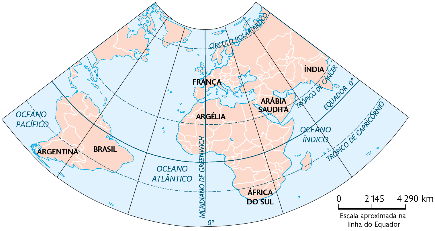 Mapa C. Mostrando os continentes em plano cônico, com Argentina e Brasil à esquerda, França e Argélia no centro, África do Sul na parte inferior, Arábia Saudita e Índia à direita. No canto inferior, direito, a escala: 2145 quilômetros por centímetro.