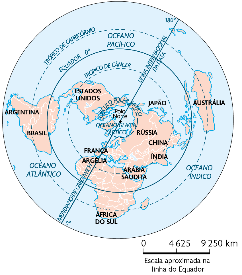 Mapa B. Mostrando os continentes em área circular com o Polo Norte ao centro, Estados Unidos, Argentina e Brasil à esquerda, França, Argélia, África do Sul e Arábia Saudita na parte inferior, Rússia, Japão, China, Índia e Austrália à direita. No canto inferior direito, a escala: 4625 quilômetros por centímetro.