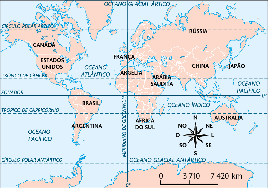 Mapa A. Mostrando os continentes em plano retangular. Os seguintes países estão demarcados: Canadá, Estados Unidos, Brasil e Argentina no oeste, França, Argélia, África do Sul e Arábia Saudita na área central, Rússia, China, Japão e Austrália no leste. Na parte inferior, a rosa dos ventos e a escala: 3710 quilômetros por centímetro.