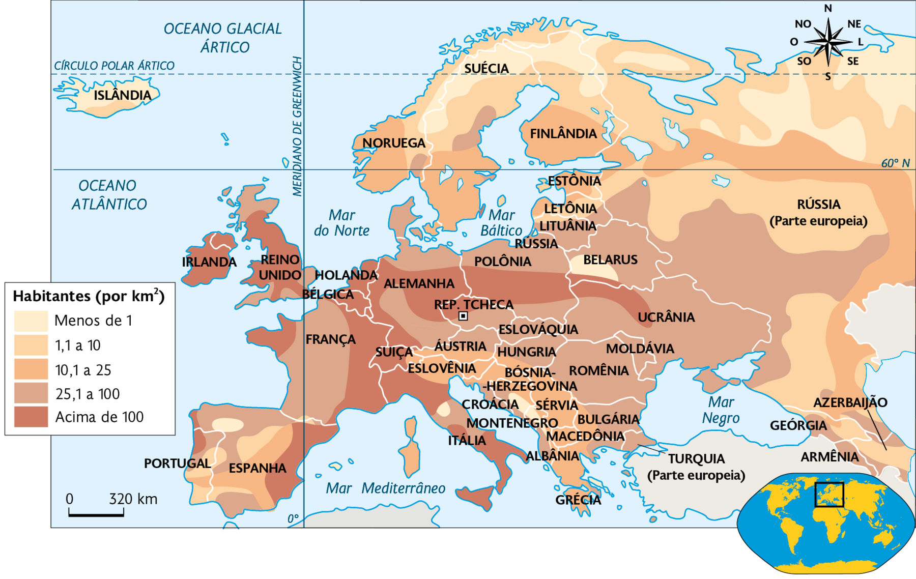 Mapa. Densidade demográfica da Europa (2015). 
Habitantes (por quilômetros quadrados). 
Menos de 1 e de 1,1 a 10: norte da Rússia (Parte europeia), Finlândia, Suécia e Noruega, sul de Belarus, sul da Bósnia-Herzegovina e Sérvia, centro da Itália e norte da Espanha. 
10,1 a 25: faixa norte da Rússia (parte europeia), sul da Finlândia, oeste da Noruega e sul da Suécia, sul da Áustria, leste da Suíça, norte da Eslovênia, sul da Hungria, norte da Bósnia-Herzegovina, Sérvia, norte de Montenegro, Macedônia, oeste da Bulgária e Albânia, Grécia, centro e sul da Espanha. 
25,1 a 100: noroeste da Espanha, oeste da França, norte e centro da Alemanha, norte e sul da Polônia, sul da República Tcheca, norte da Áustria, Eslováquia, norte da Hungria, sudoeste da Rússia, Ucrânia, Moldávia e Romênia, centro e leste da Bulgária, leste da Macedônia e Turquia (parte europeia). 
Acima de 100: Irlanda, Reino Unido, oeste e leste da França, Bélgica e Holanda, oeste da Suíça, norte e sul da Itália, norte e oeste da Alemanha, centro da Polônia, norte da República Tcheca, sul de Belarus e noroeste da Ucrânia. No canto inferior direito, mapa de localização, planisfério destacando a região descrita. No canto superior direito, a rosa dos ventos e no canto inferior esquerdo, a escala: 320 quilômetros por centímetro.