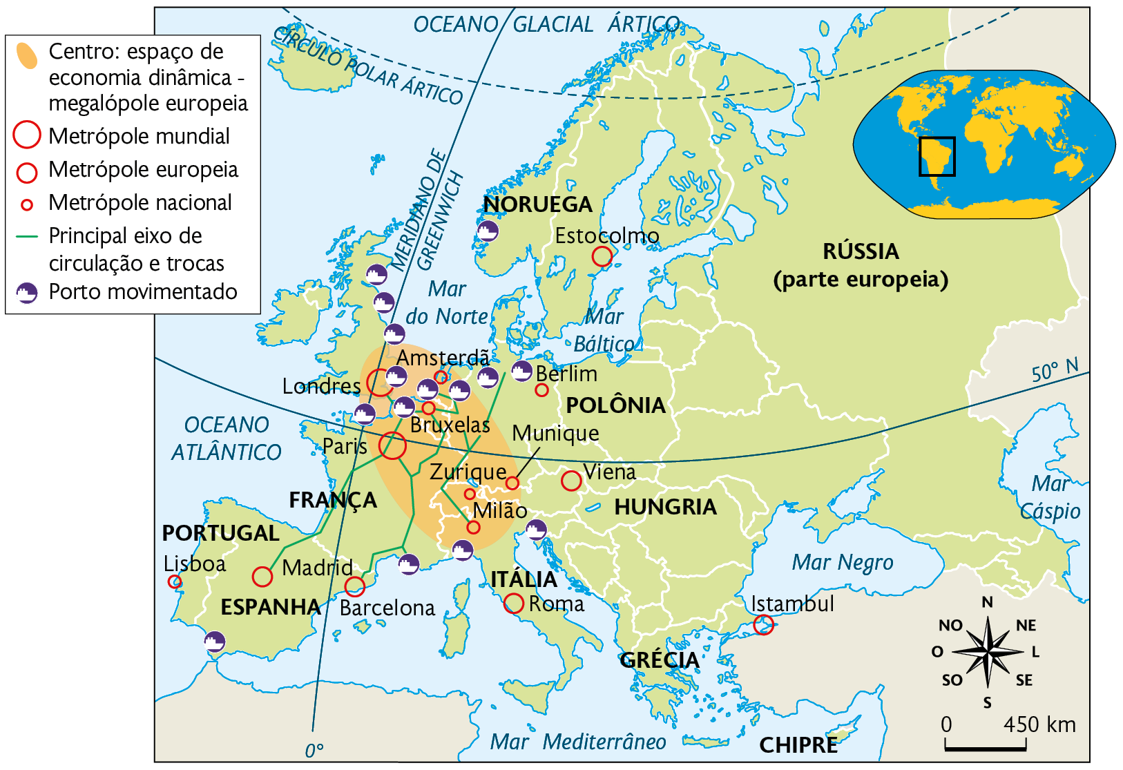 Mapa. Megalópole europeia (2019). 
Centro: espaço de economia dinâmica - megalópole europeia: área abrangendo Milão, Zurique, Bruxelas e Amsterdã. 
Metrópole mundial: Paris e Londres. 
Metrópole europeia: Estocolmo, Viena, Roma, Barcelona, Madrid e Istambul. 
Metrópole nacional: Amsterdã, Bruxelas, Berlim, Zurique, Munique, Milão e Lisboa. 
Principal eixo de circulação e trocas: Entre Amsterdã, Madrid, Barcelona, Bruxelas, Zurique, Milão, Londres e Paris. 
Porto movimentado: Mar do Norte, entre Amsterdã, Londres e Bruxelas,  sul da Espanha, da França, norte da Itália e sul da Noruega. No canto superior direito, mapa de localização, planisfério destacando a região descrita. No canto inferior direito, a rosa dos ventos e a escala:  450 quilômetros por centímetro.