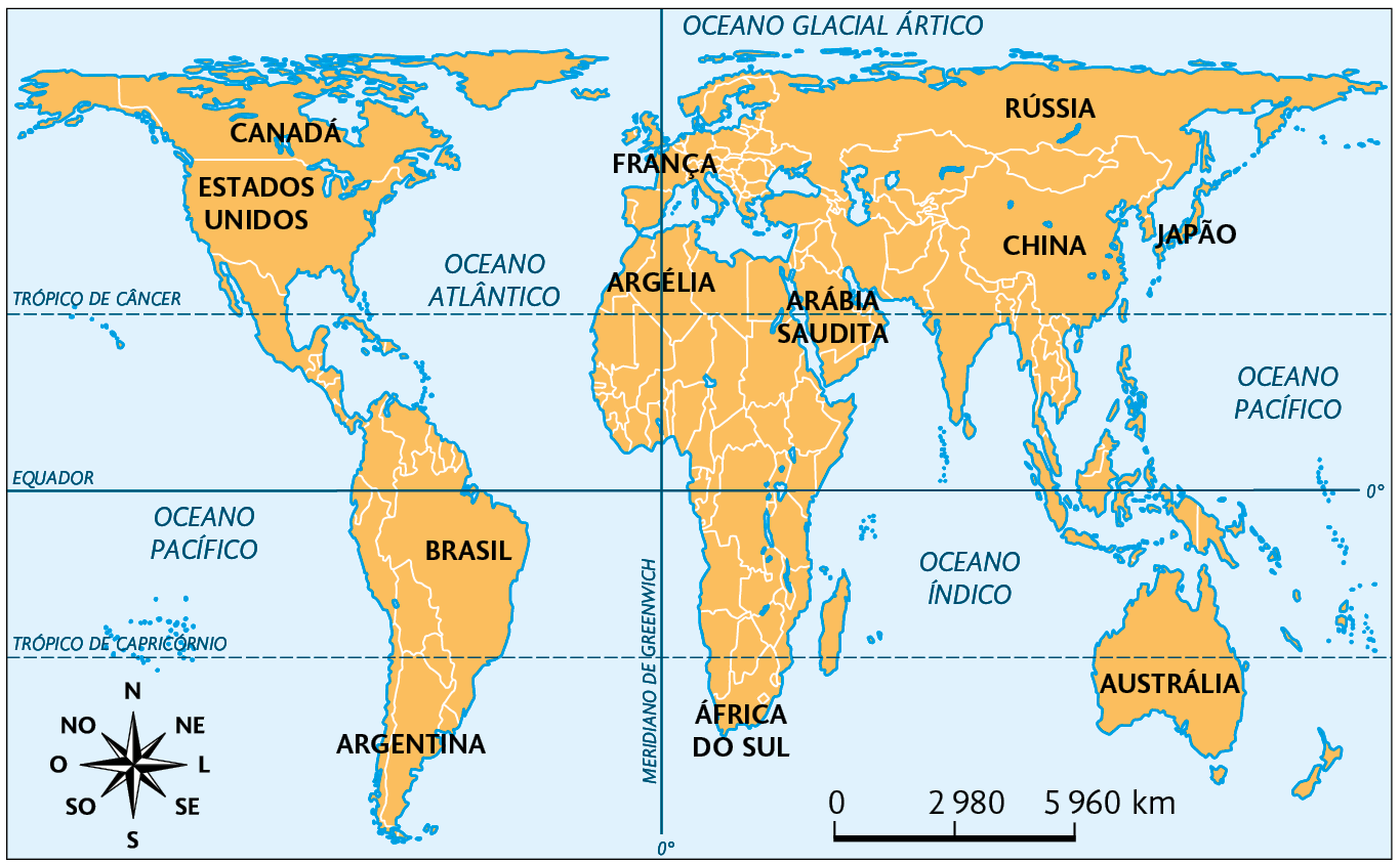 Mapa. Projeção de Peters. Mostrando os continentes com um alongamento vertical, os seguintes países estão demarcados: Canadá, Estados Unidos, Brasil, França, Argélia, África do Sul, Arábia Saudita, Rússia, China, Japão e Austrália. No canto inferior esquerdo, a rosa dos ventos, à direita, a escala: 2980 quilômetros por centímetro.