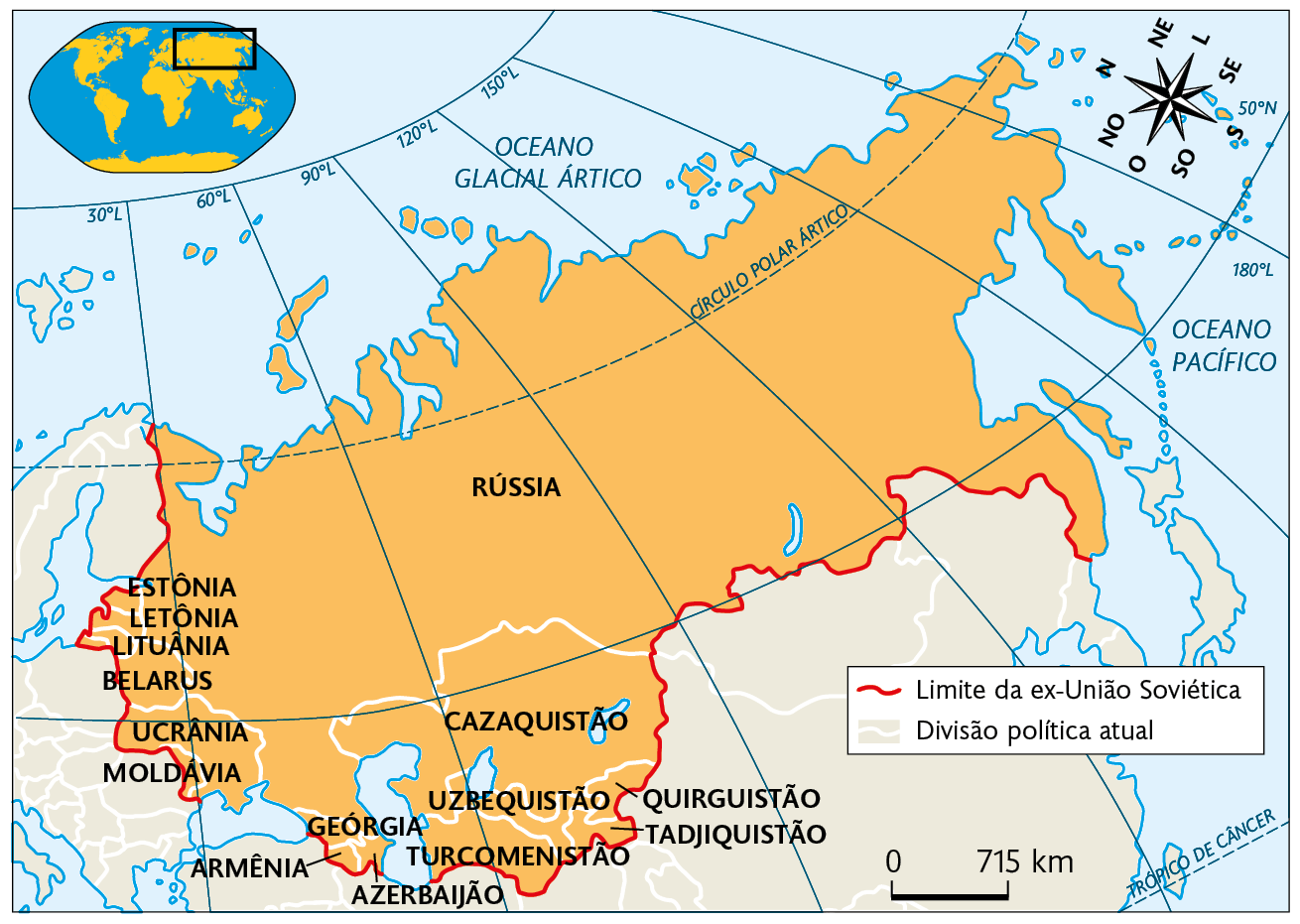 Mapa. Ex-União Soviética 1990. 
Limite da ex-União Soviética: abrangendo Estônia, Letônia, Lituânia, Belarus, Ucrânia, Moldávia, Geórgia, Armênia, Azerbaijão, Turcomenistão, Uzbequistão, Quirguistão, Tadjiquistão, Cazaquistão e Rússia. No canto superior esquerdo, mapa de localização, planisfério destacando a região descrita. No canto superior direito, a rosa dos ventos e na parte inferior, a escala: 715 quilômetros por centímetro.