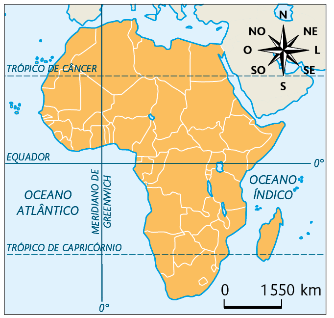 Mapa. Projeção de Mercator. 
Mostrando o território africano. No canto superior direito, a rosa dos ventos e na parte inferior, a escala: 1550 quilômetros por centímetro.