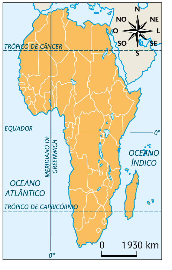 Mapa. Projeção de Peters. 
Mostrando o território africano alongado verticalmente. No canto superior direito, a rosa dos ventos e na parte inferior, a escala: 1930 quilômetros por centímetro.