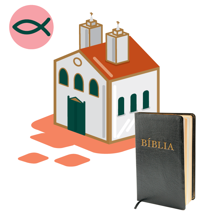 Ilustração. Uma pequena igreja com duas torres, ao lado, uma bíblia de capa preta. Acima há o desenho de um peixe no interior de um círculo.