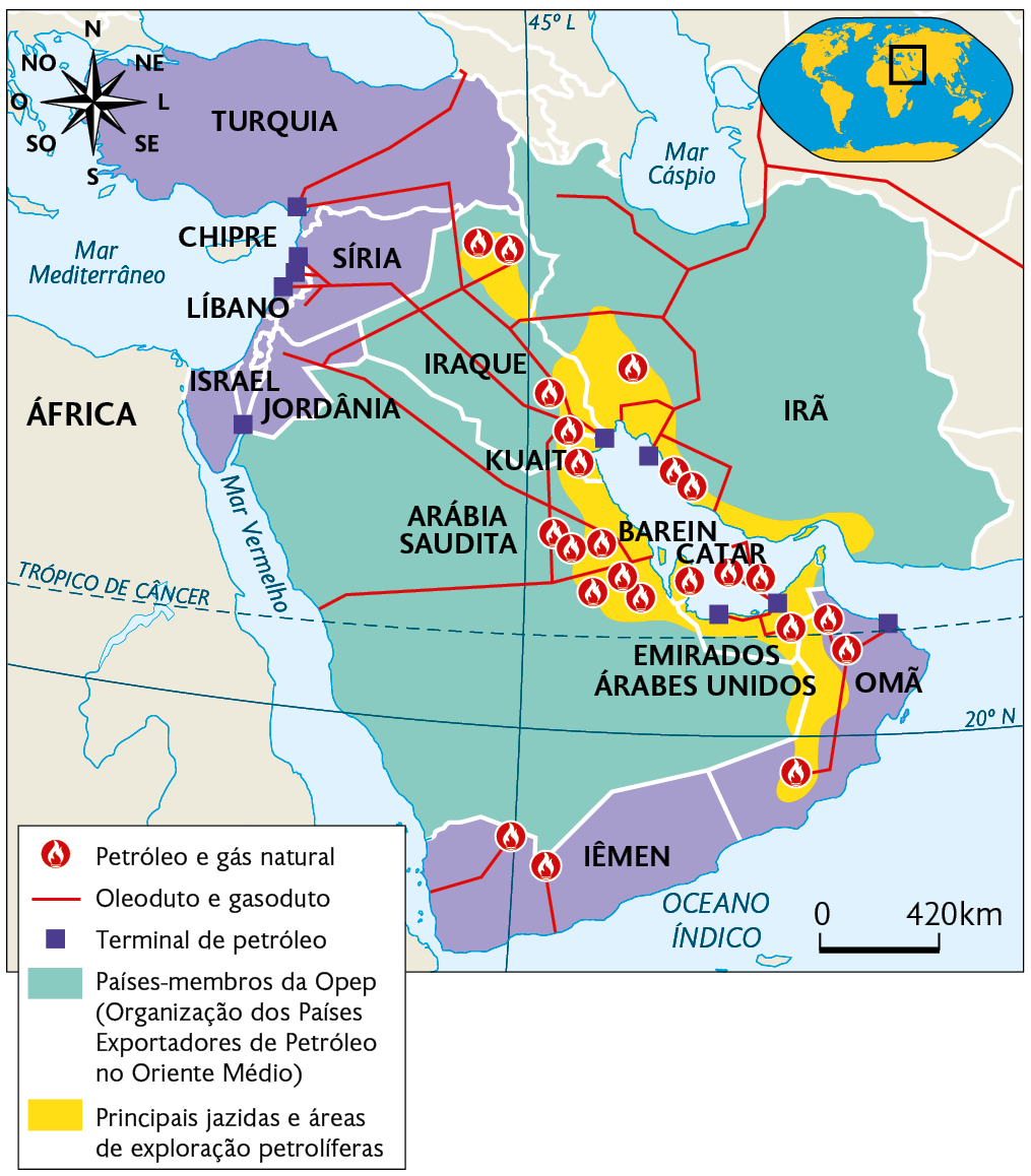 Mapa. A exploração de petróleo no Oriente Médio (2018). Petróleo e gás natural: oeste do Irã, sul do Iraque e Kuwait, leste da Arábia Saudita, Barein, Catar, norte e sul de Omã e leste do Iêmen. Oleoduto e gasoduto: Turquia, Síria, Jordânia, Iraque, Arábia Saudita, Iêmen e Irã. Terminal de petróleo: Turquia, Síria, Líbano, Síria, Jordânia, Iraque, Irã, Emirados Árabes Unidos e Omã. Países-membros da Opep (Organização dos Países Exportadores de Petróleo no Oriente Médio): Irã, Iraque, Arábia Saudita e Emirados Árabes Unidos. Principais jazidas e áreas de exploração petrolíferas: norte do Iraque, sul do Irã, leste do Iraque, da Arábia Saudita, dos Emirados Árabes Unidos e oeste de Omã. No canto superior direito, mapa de localização, planisfério destacando a região descrita. No canto superior esquerdo, a rosa dos ventos e no canto inferior direito, a escala: 420 quilômetros por centímetro.