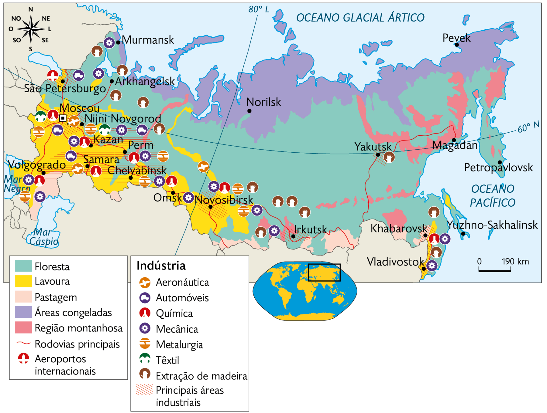 Mapa. Atividades econômicas da Rússia (2020). Floresta: toda a porção central de leste a oeste e sul. Lavoura: região sudoeste. Pastagem: áreas pequenas no sul e sudeste. Áreas congeladas: toda a porção norte de oeste a leste. Região montanhosa: áreas dispersas no sul, sudeste e nordeste. Rodovias principais: no leste, sul e oeste. Aeroportos internacionais: em São Petersburgo. Indústria. Aeronáutica, Automóveis, Química, Mecânica, Metalurgia, Têxtil, Extração de madeira aparecem ocupando a porção oeste, sul e em menores quantidades no sudeste e leste. Principais áreas industriais: na porção oeste entre as cidades: São Petersburgo, capital: Moscou, Nijni, Novgorod, Kazan, Perm, Samara, Volgogrado, Chelyabinsk, Novosibirsk, Irkutsk no sul e Yakutsk no leste e Khabarovsk e Vladivostok no sudeste. Na parte inferior, mapa de localização, planisfério destacando a região descrita. No canto superior esquerdo, a rosa dos ventos e no canto inferior direito, a escala: 190 quilômetros por centímetro.