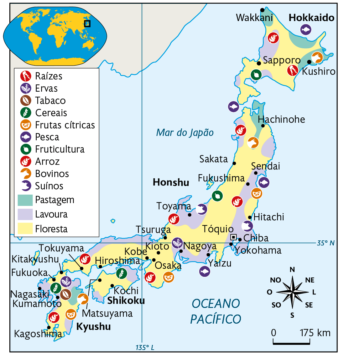 Mapa. Agropecuária e pesca no Japão (2021). Pastagem: áreas no norte, nordeste e sul. Lavoura: área no norte e espelhados pela porção central e ao sul. Floresta: presentes em todo o território, em maior quantidade na região central. Dispersos pelas regiões estão: Raízes, Ervas, Tabaco, Cereais, Frutas cítricas, Pesca, Fruticultura, Arroz, Bovinos, Suínos. No canto superior esquerdo, mapa de localização, planisfério destacando a região descrita. No canto inferior direito, a rosa dos ventos e a escala: 175 quilômetros por centímetro.