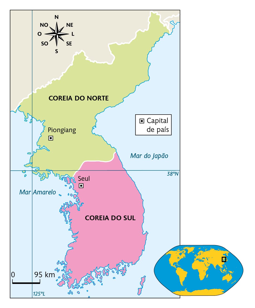 Mapa. Península das Coreias. Coreia do Norte, capital: Piongiang, Coreia do Sul, capital: Seul. No canto inferior direito, mapa de localização, planisfério destacando a região descrita. No canto superior esquerdo, a rosa dos ventos e na parte inferior, a escala: 95 quilômetros por centímetro