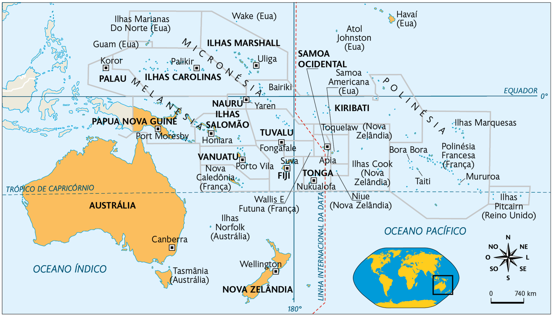 Mapa. Oceania. Austrália, capital: Camberra, Nova Guiné, capital: Port Moresby, Nova Zelândia, capital: Wellington. Palau, capital: Koror, Estados Federados da Micronésia, capital: Palikir, Nauru, capital: Uliga, Ilhas Salomão, capital: Honiara, Vanuatu, capital: Porto Vila, Nova Caledônia (território pertencente à França), Ilhas Marianas do Norte (território pertencente aos Estados Unidos), Guam (território pertencente aos Estados Unidos), Ilhas Marshall, capital: Uliga, Wake (território pertencente aos Estados Unidos), Bairiki, Wallis e Futuna (território pertencente à França), Ilhas Norfolk (território pertencente à Austrália), Tuvalu, capital: Fongafele, Fiji, capital: Suva, Tonga, capital: Nukualofa, Niue (Nova Zelândia), Ilhas Cook (território pertencente à Nova Zelândia), Polinésia, Taiti, Bora Bora, Polinésia Francesa (território pertencente à França), Mururoa, Ilhas Pitcairn (território pertencente ao Reino Unido), Ilhas Marquesas, Samoa Ocidental, capital: Apia, Toquelaw (Nova Zelândia), Samoa Americana (território pertencente aos Estados Unidos), Kiribati, Atol Johnston (território pertencente aos Estados Unidos), Havaí (território pertencente aos Estados Unidos). No canto inferior direito, mapa de localização, planisfério destacando a região descrita, a rosa dos ventos e a escala: 750 quilômetros por centímetro.