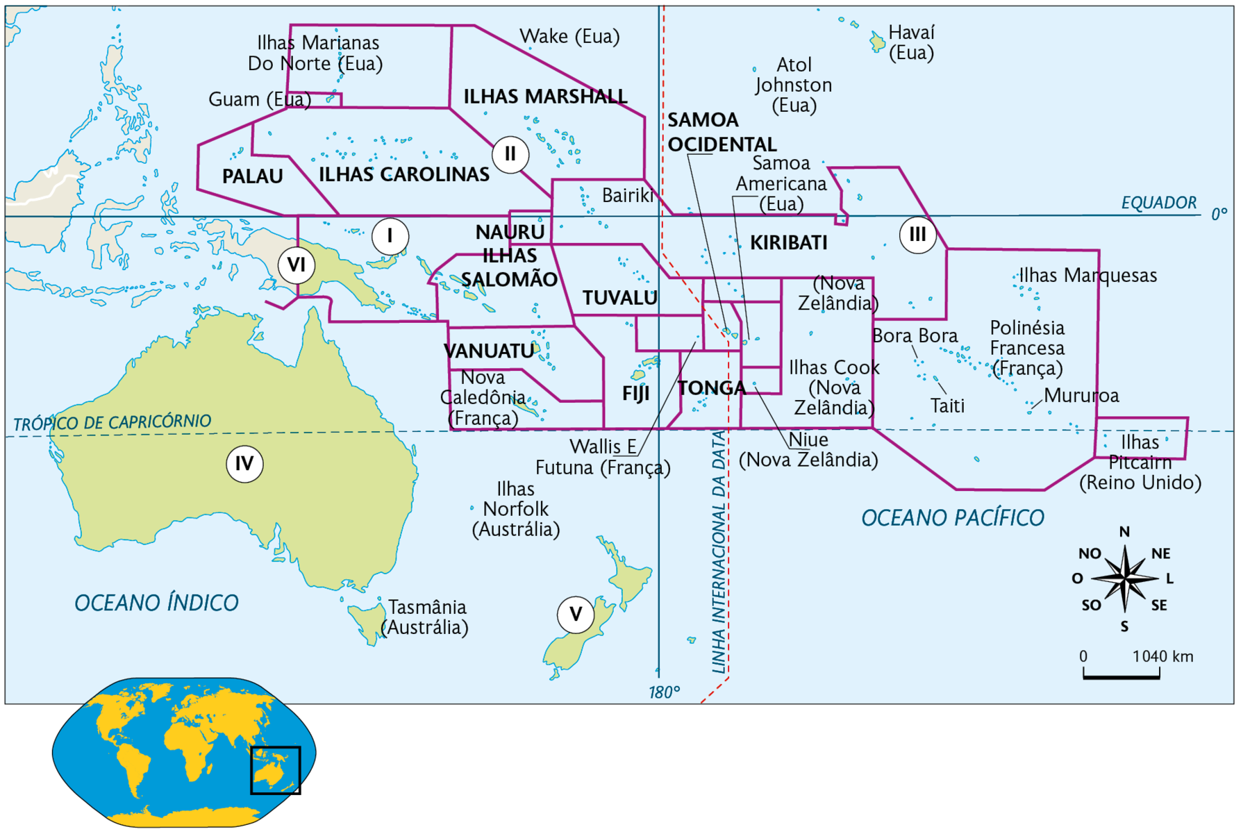 Mapa. Oceania. Indicações com números. Número 1. Ilhas Carolinas, Palau, Ilhas Marianas do Norte (território pertencente aos Estados Unidos), Guam (território pertencente aos Estados Unidos); Número 2. Ilhas Marshall, Wake (território pertencente aos Estados Unidos), Atol Johnston (território pertencente aos Estados Unidos), Havaí (território pertencente aos Estados Unidos). Número 3. Kiribati, Bora Bora, Ilhas Cook (território pertencente à Nova Zelândia), Taiti, Polinésia Francesa (território pertencente à França), Mururoa, Ilhas Marquesas, Ilhas Pitcaim (território pertencente ao Reino Unido), Nauru, Ilhas Salomão, Vanuatu, Nova Caledônia (França), Tuvalu, Fiji, Biriki, Samoa Ocidental, Tonga, Samoa Americana (território pertencente aos Estados Unidos), Niue (território pertencente à  Nova Zelândia). Número 4. Austrália. Número 5. Nova Zelândia. Número 6. Papua Nova Guiné. No canto inferior esquerdo, mapa de localização, planisfério destacando a região descrita. No canto inferior direito, a rosa dos ventos e a escala: 1040 quilômetros por centímetro.