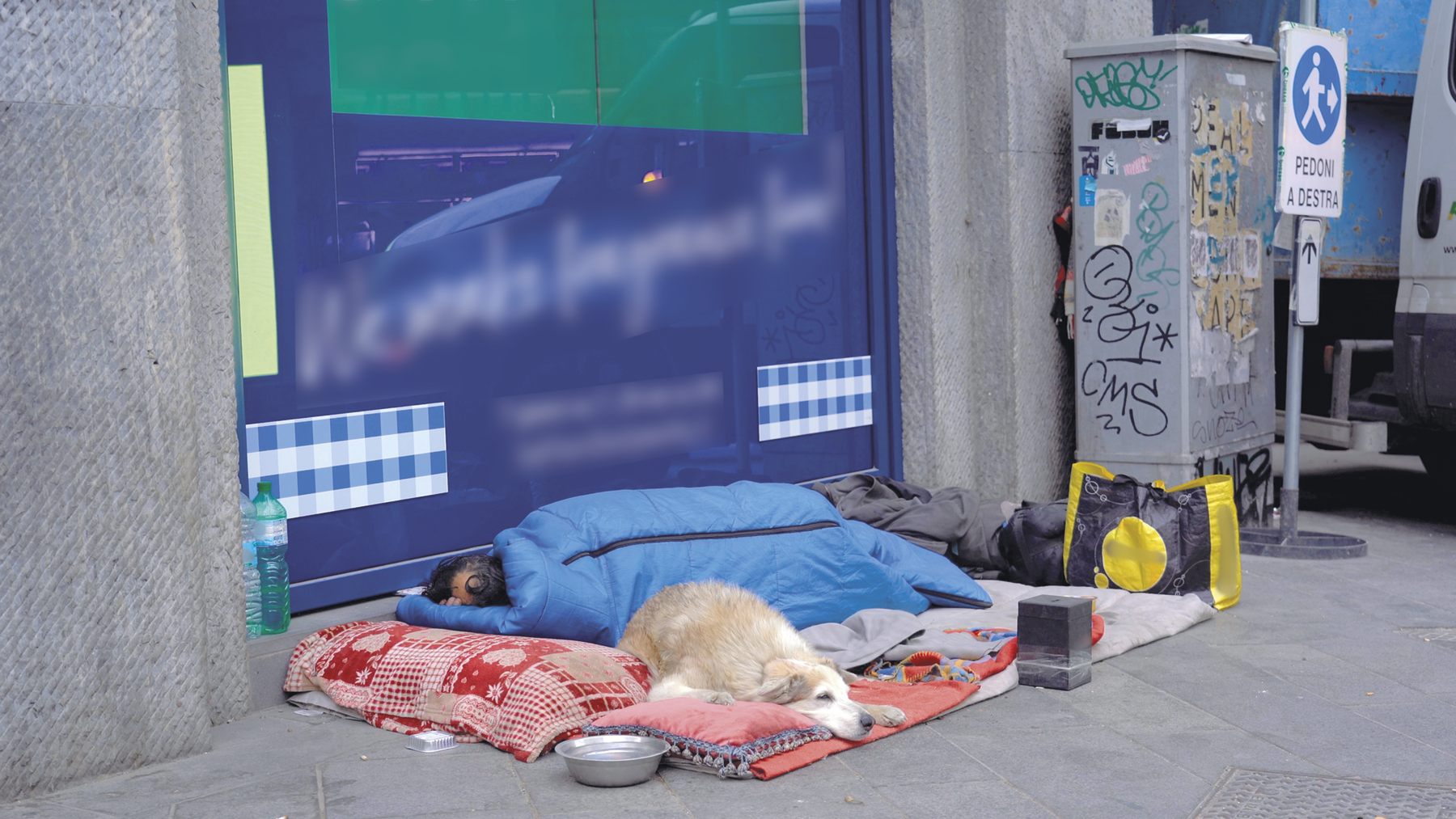 Fotografia. Uma pessoa dormindo em uma calçada. Há um cachorro, bolsas e uma garrafa de água ao lado dela.