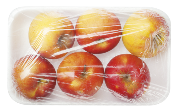 Fotografia. Embalagem descartável com seis maçãs.