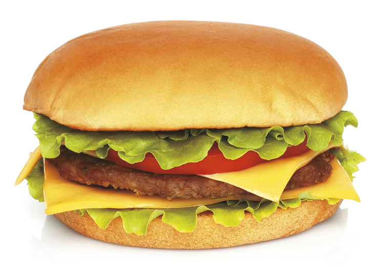 Fotografia. Um hambúrguer com pão, alface, tomate, queijo e carne.