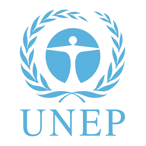 Símbolo da UNEP composto por uma pessoa em um círculo azul com ramos de folhas nas laterais.