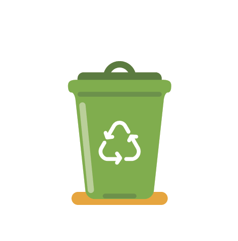 Ilustração. Uma lata de lixo verde com setas compondo um ciclo triangular.