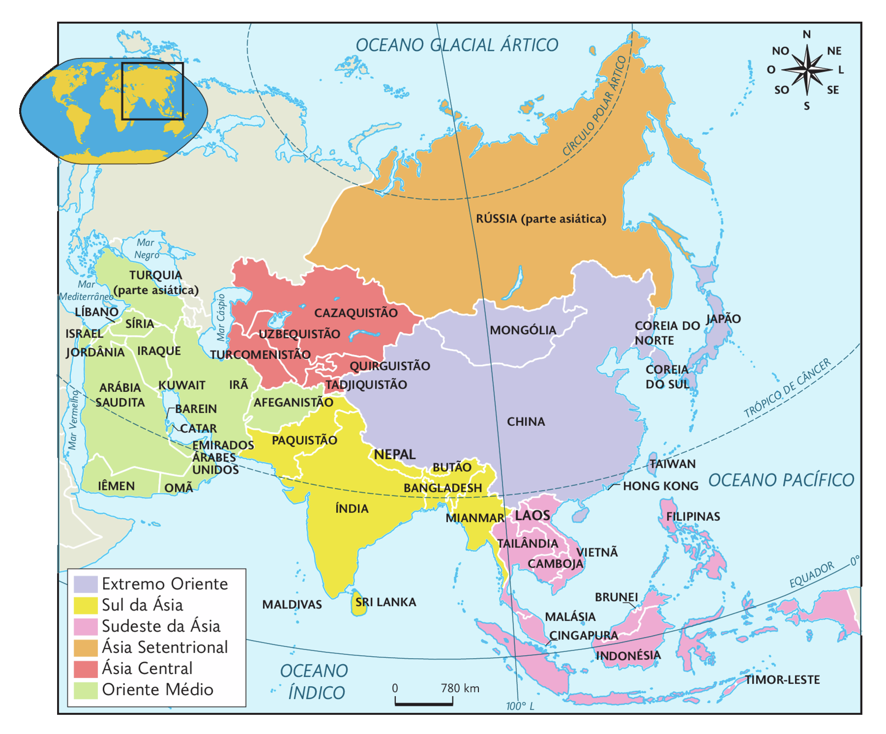 Mapa. Divisão regional da Ásia. Extremo Oriente: Mongólia, China, Hong Kong, território pertencente à China, Coreia do Norte, Coreia do Sul, Japão e Taiwan. Sul da Ásia: Paquistão, Índia, Nepal, Butão, Bangladesh, Mianmar e Sri Lanka. Sudeste da Ásia: Laos, Vietnã, Tailândia, Camboja, Malásia, Cingapura, Brunei, Indonésia, Filipinas e Timor-Leste. Ásia Setentrional: Rússia (parte asiática). Ásia Central: Cazaquistão, Uzbequistão, Turcomenistão, Quirguistão e Tadjiquistão. Oriente Médio: Turquia (parte asiática), Líbano, Síria, Israel, Jordânia, Síria, Iraque, Arábia Saudita, Iêmen, Kuwait, Barein, Catar, Emirados Árabes Unidos, Omã, Irã e Afeganistão. No canto superior esquerdo, mapa de localização, planisfério destacando a região descrita. No canto superior direito, a rosa dos ventos e na parte inferior, a escala: 780 quilômetros por centímetro.