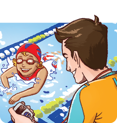 Ilustração. Uma menina usando touca e óculos de natação. Ela está nadando em uma piscina. À direita, um homem usando uniforme. Ele está de perfil, segurando um cronômetro com as mãos e olhando para a menina.