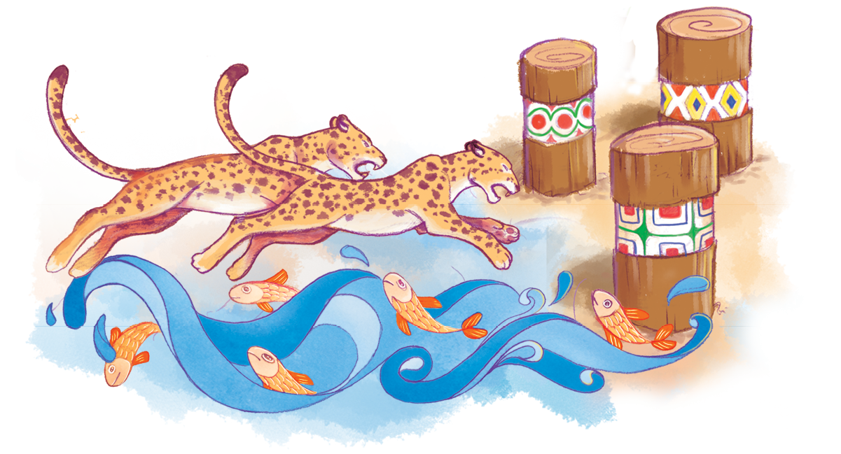 Ilustração. À esquerda, duas onças pintadas, saltando sobre um mar com peixes. À direita, três toras de madeira, cortadas, enterradas na areia e enfeitadas com grafismo indígena.
