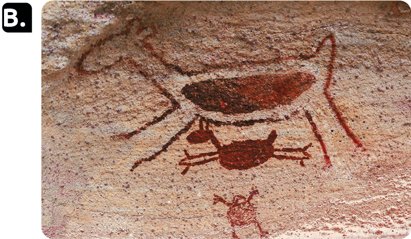 Fotografia B. Pintura feita em uma parede de rocha. Na parte superior, silhueta de um animal quadrúpede grande. Abaixo, silhueta de um animal quadrúpede menor. Na parte de baixo, silhueta de uma figura humana.