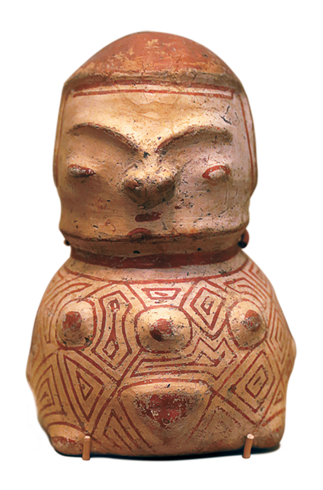 Escultura 'A'. Representação de uma figura humana. Composta por uma cabeça grande com olhos, sobrancelha, boca e nariz. O corpo é ondulado com desenhos geométricos pintados com a cor vermelha.