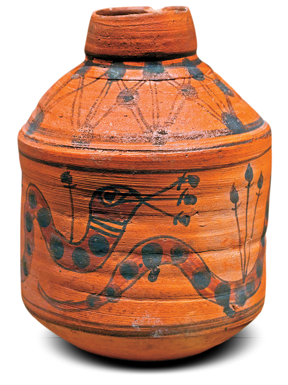 Fotografia. Um vaso de cerâmica com  pontos, linhas, formas geométricas e desenhos de cobras vermelhas e pretas.