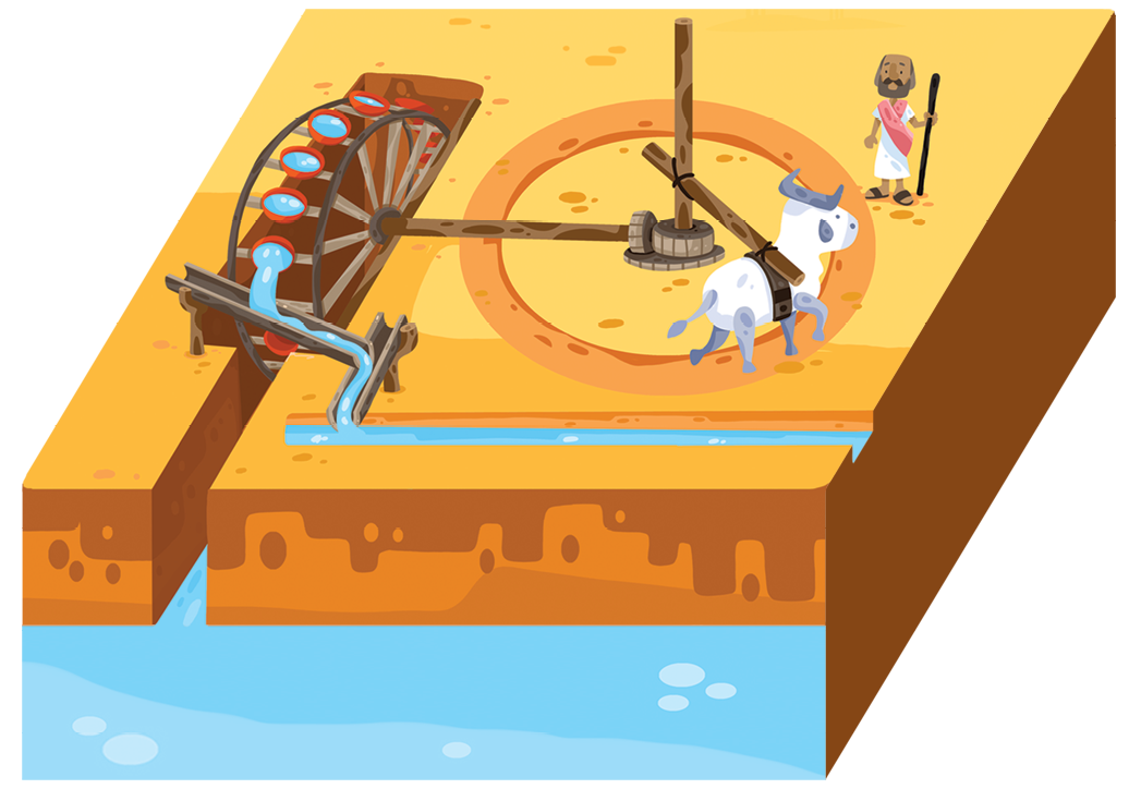 Ilustração. Uma pessoa perto de um rio observa um boi, amarrado em um tronco de madeira, caminhando em círculos para girar uma engrenagem. A engrenagem movimenta uma grande roda de madeira. Há vários recipientes na roda de madeira que são preenchidos com água e despejados em um canal.