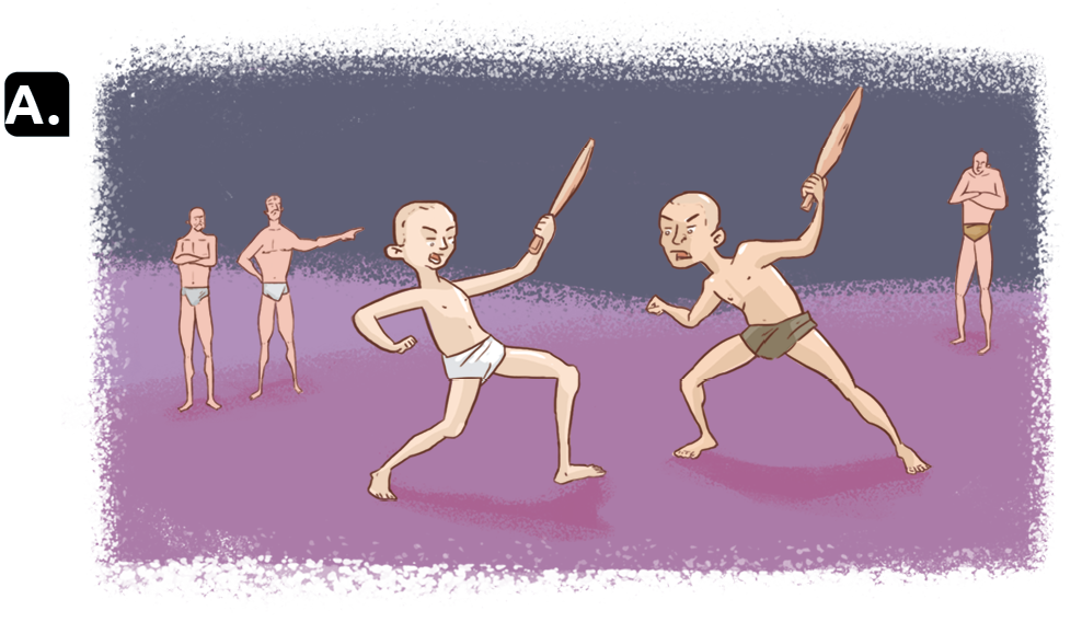 Ilustração 'A'. Dois meninos sem cabelos e com tecido ao redor da cintura estão de frente um para o outro. Cada um segura com uma das mãos uma espada de madeira. Atrás, pessoas observam os meninos.