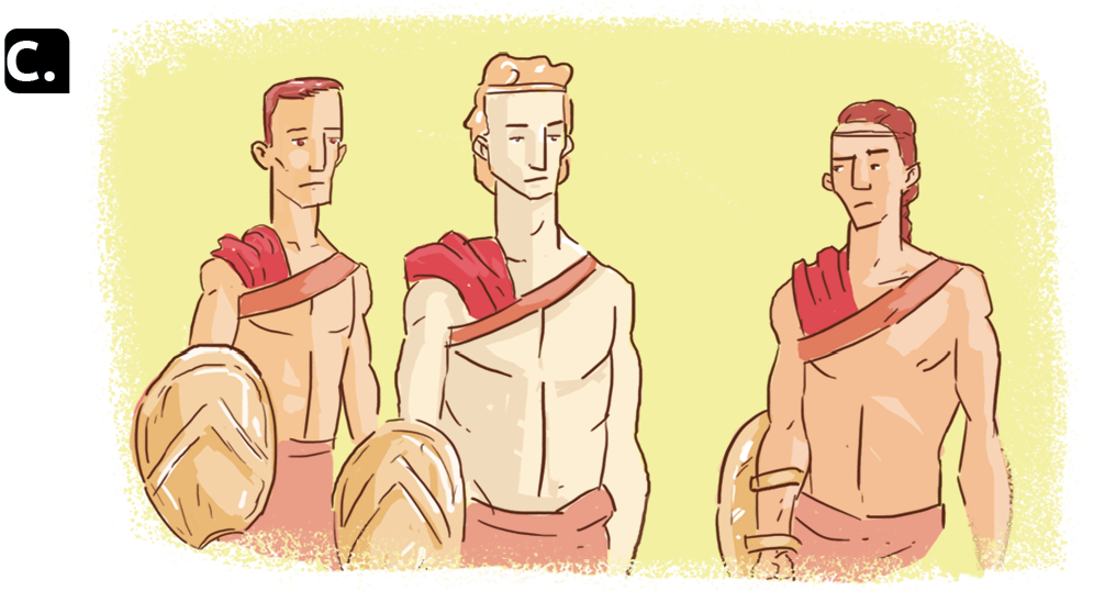 Ilustração 'C'. Três homens jovens vestindo capa e tecido ao redor da cintura. Cada um segura com uma das mãos um escudo.