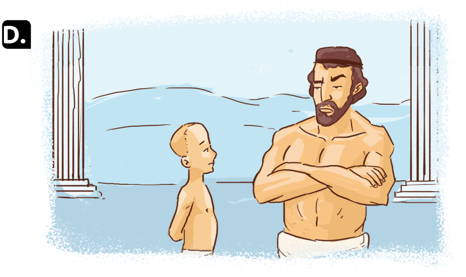 Ilustração 'D'. Um menino sem cabelos está de pé com os braços para trás. Ao lado, um homem, com cabelo e barba, olha para o menino com os braços cruzados.