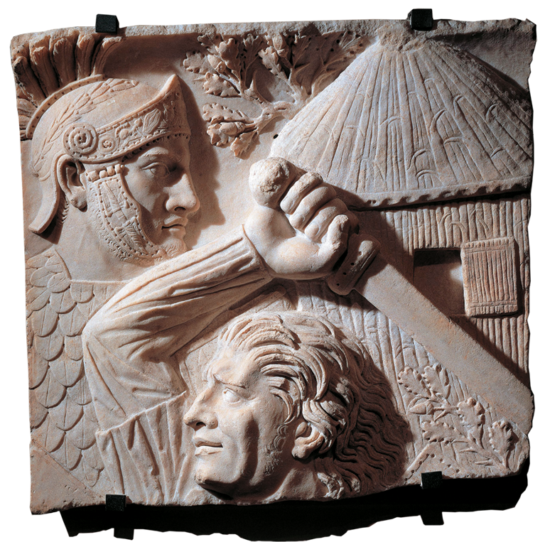 Relevo. À esquerda, um soldado usando capacete e couraça no busto. Ele está de perfil. À direita, um homem com cabelos lisos, segurando uma espada acima da cabeça.