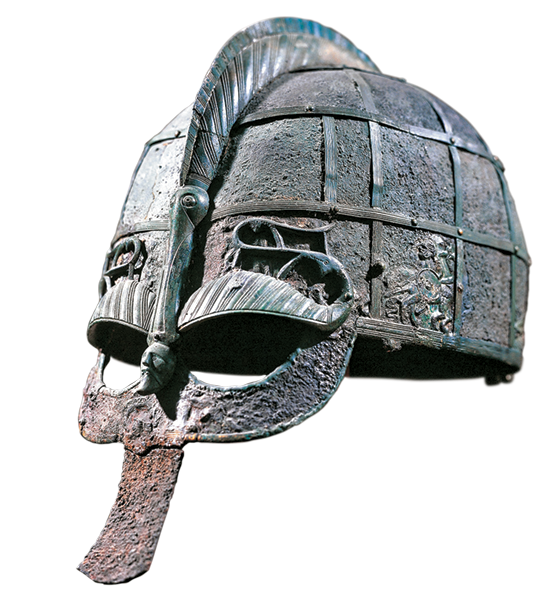 Fotografia. Capacete de metal, composto por proteção para a parte de cima da cabeça, testa, olhos e nariz.