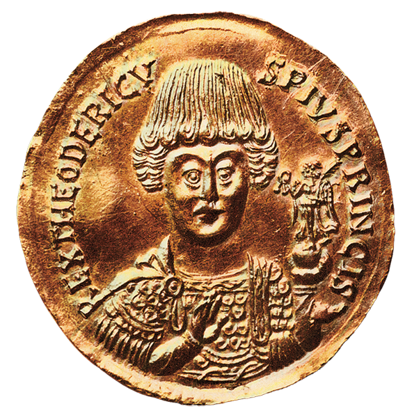 Fotografia. Verso de moeda dourada com detalhes em relevo do busto de  uma pessoa com cabelos ondulados e adereços. Nas laterais textos.